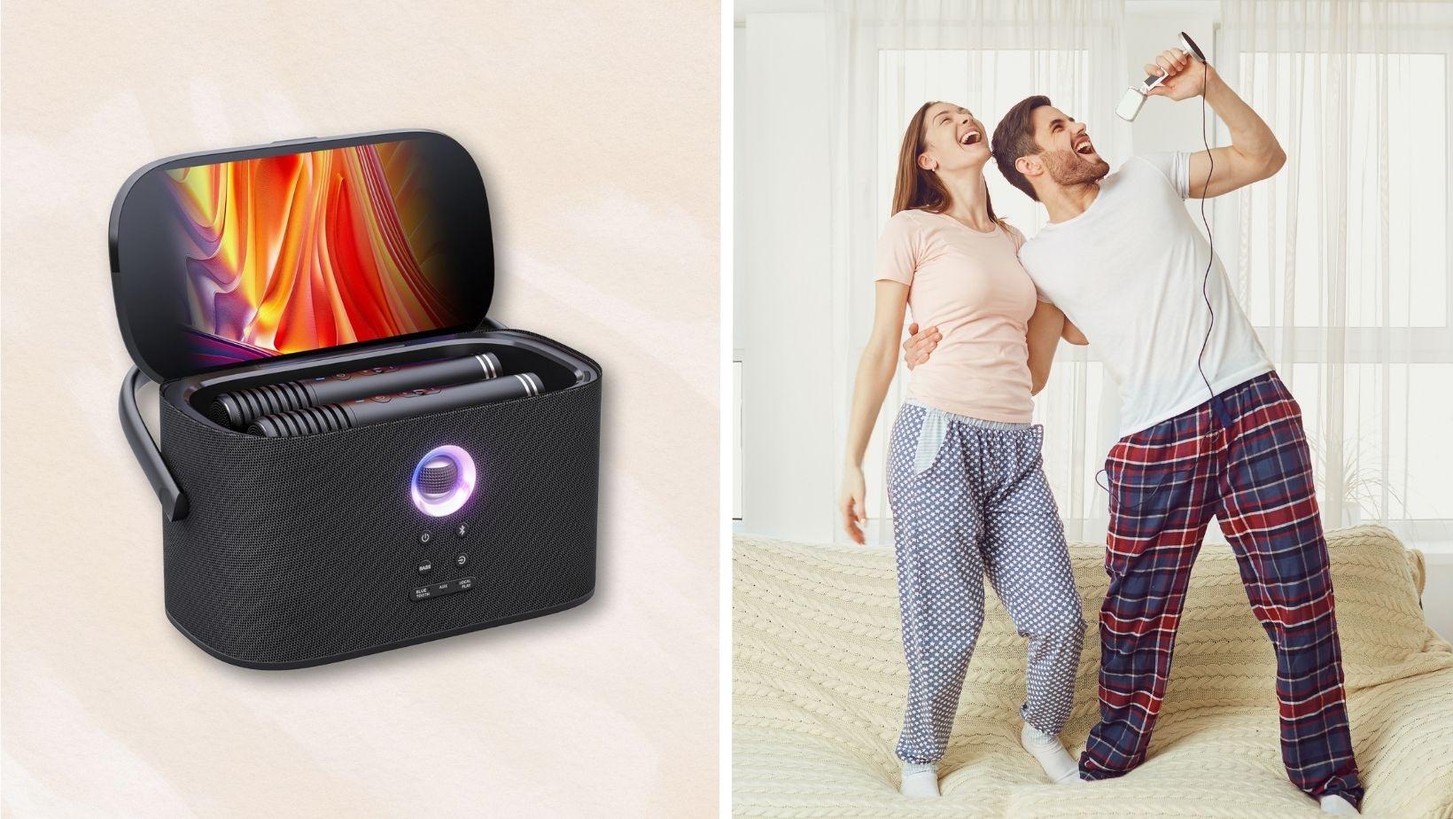 Machine Karaoké Avec 2 Microphones, Enceinte Bluetooth Portable Lumières LED - Karaoké Adulte Et Famille, Support REC/AUX/USB/TF, Noir